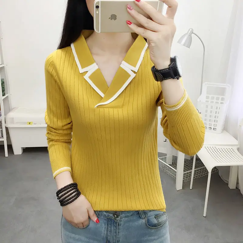 2023 Autumn and Winter Women\'s New Sweater Slim Fit Korean V-Neck Fashionable Underlay Solid Color Comfortable Versatile Top