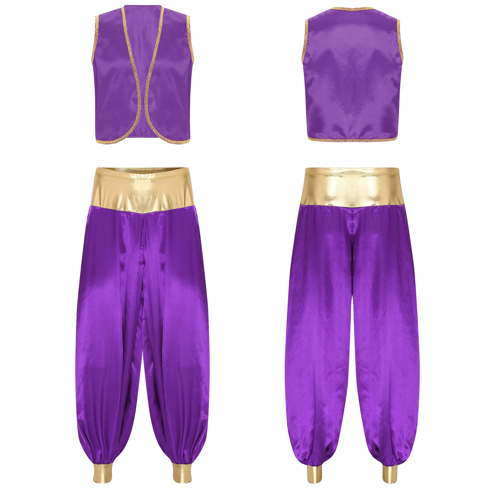 Men Arabian Prince Outfit Aladin Cosplay Costume Satin Vest Shiny Waistcoat with Lantern Pants for Halloween Carnivals Dress Up