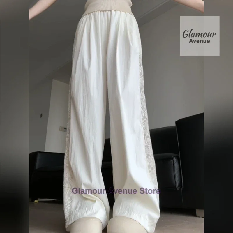 French retro lace design stitching pants women's summer new fashion temperament straight loose wide leg drop casual pants. - Detail 1