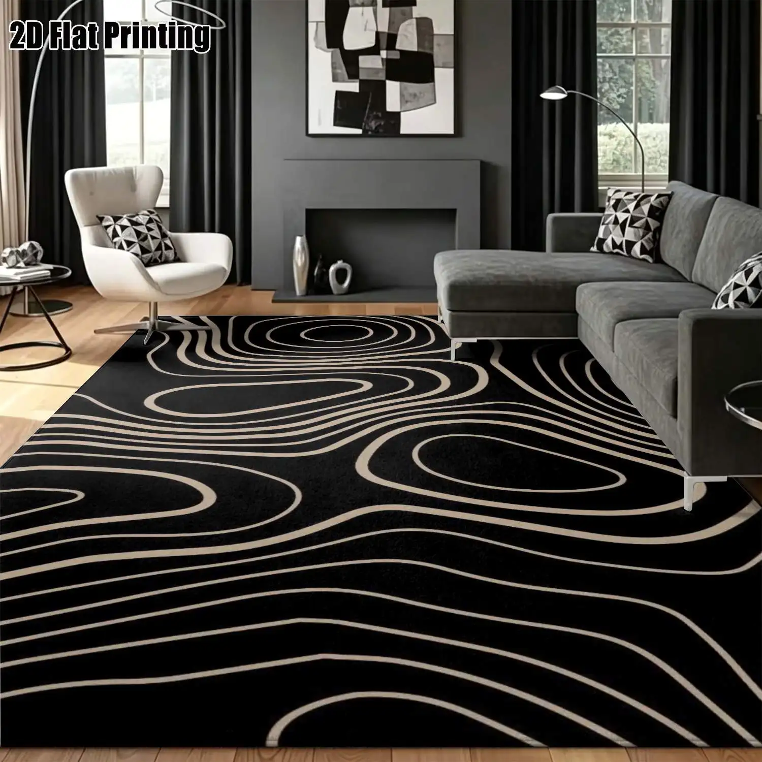 1Pc 2D Printed Carpet: Black Base, White Geometric Lines, Nordic Modern Minimalist Style, Instagram-Inspired, Abstract Art Motifs Home Decor Floor Mats, Multi-Size, Machine Washable, for Entryway, Living Room, Bedroom, Dining Room, Foyer.