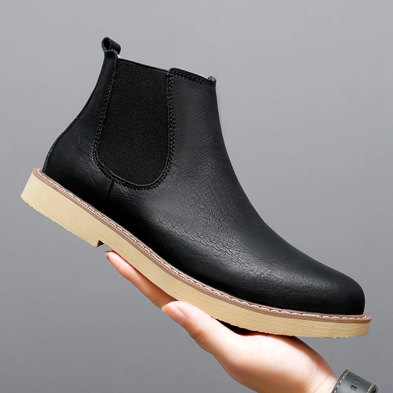 Men's Chelsea Boots Slip on Ankle Boots Casual Leather Work Boots Lightweight Non-Slip Rubber Sole Chukka Boot for Daily Walking