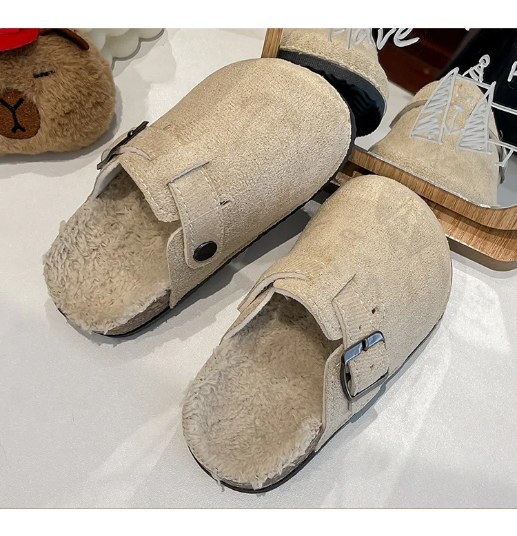 2023 Jungen Mädchen Winter Warme Plüsch Kork Fußbett Pelz Clogs Hausschuhe Dame Pelzigen Haus Wohnungen Baumwolle Hausschuhe – Detail 13