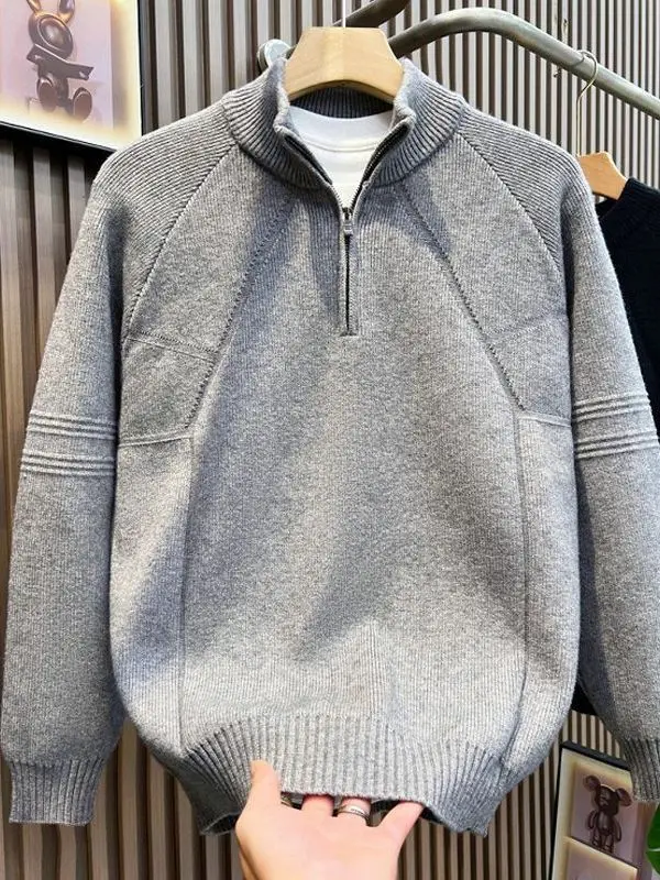 

Loose Fit Zipper Knitwear Men's Spring Autumn Faionable Oversize Hoodie ey Base Layer irt Trendy f High Collar Sweater