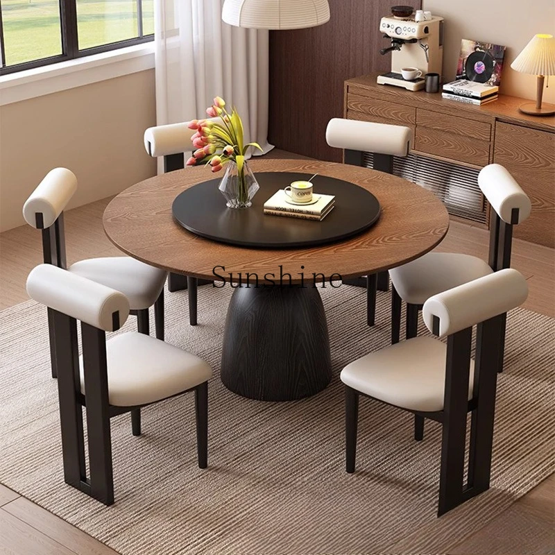 Modern solid wood rock slab dining table household antique style with turntable dining table and chairs