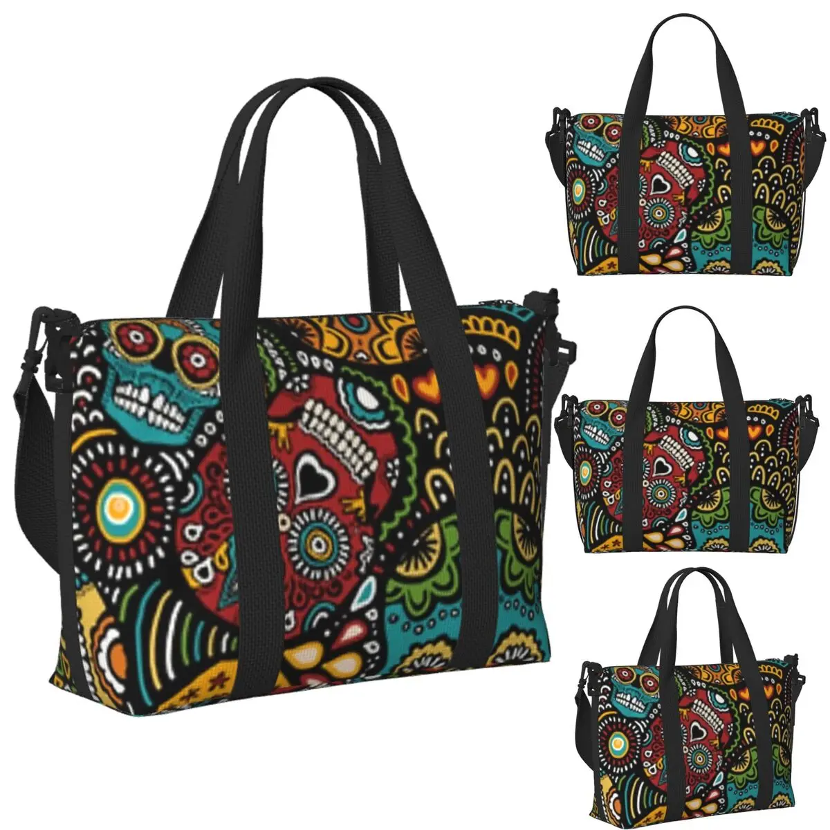 

Calaveras Sugar Skull Beach Travel Bag Large Capacity Tote Bags for Gym Sport Women Shopping Duffle Shoulder Bag
