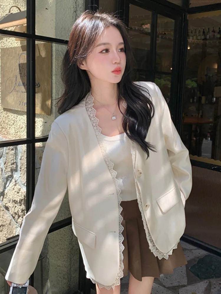 Chaqueta de traje de retazos de encaje, abrigo informal holgado para mujer, Chaquetas de oficina, moda coreana, Chaquetas holgadas empalmadas con cuello en V, Casaco
