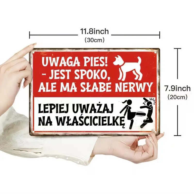 Vintage Iron Metal Tin Sign - Humorous Dog & Owner Warning (Red/White), 30x20cm Retro Wall Art for Home, Bar, Cafe Decor - Rusti