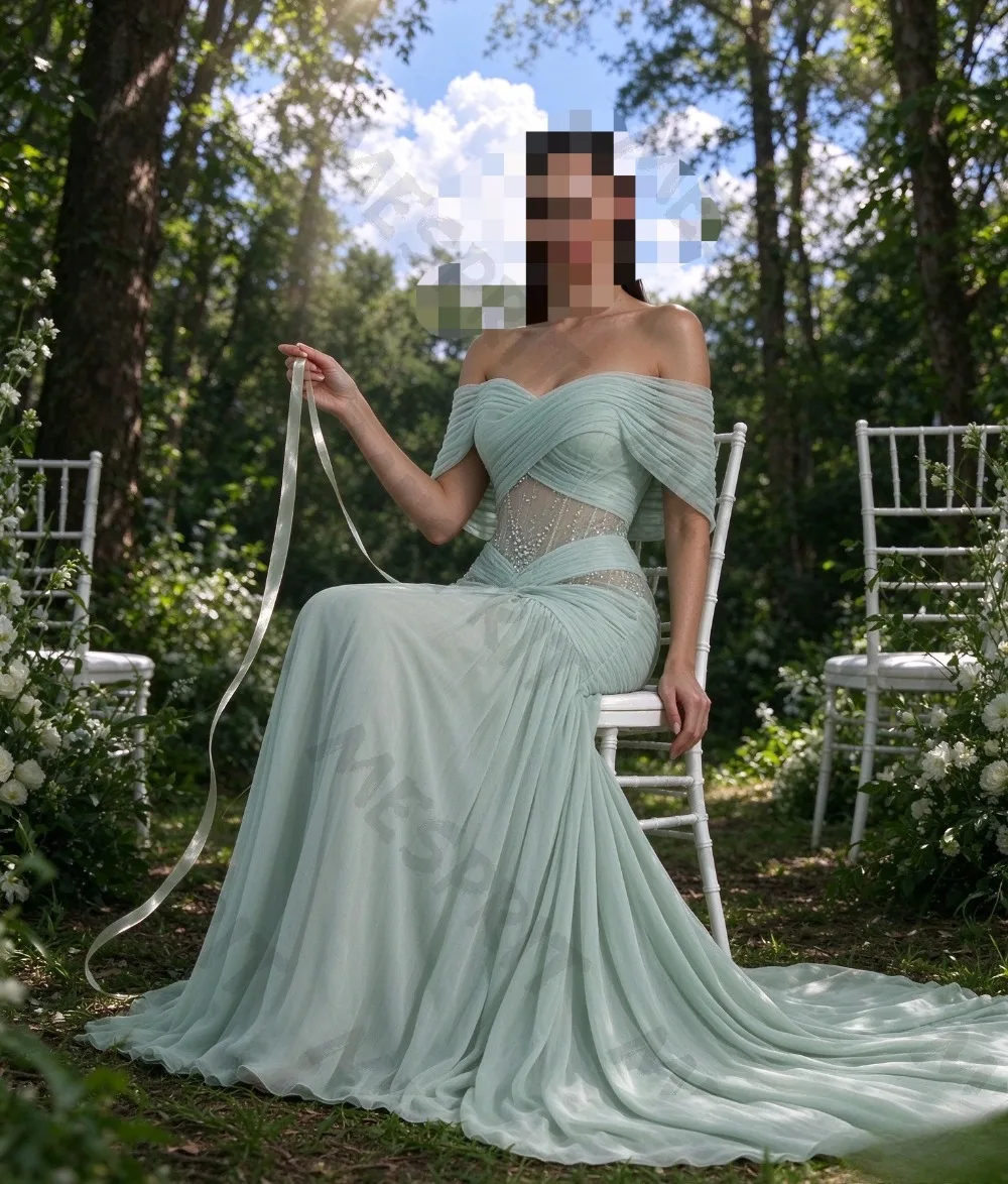 Customized Sweetheart Chiffon A-line Evening Gowns with Off Shoulder Backless Sequins Waistband Pleats Trailing Party Dresses