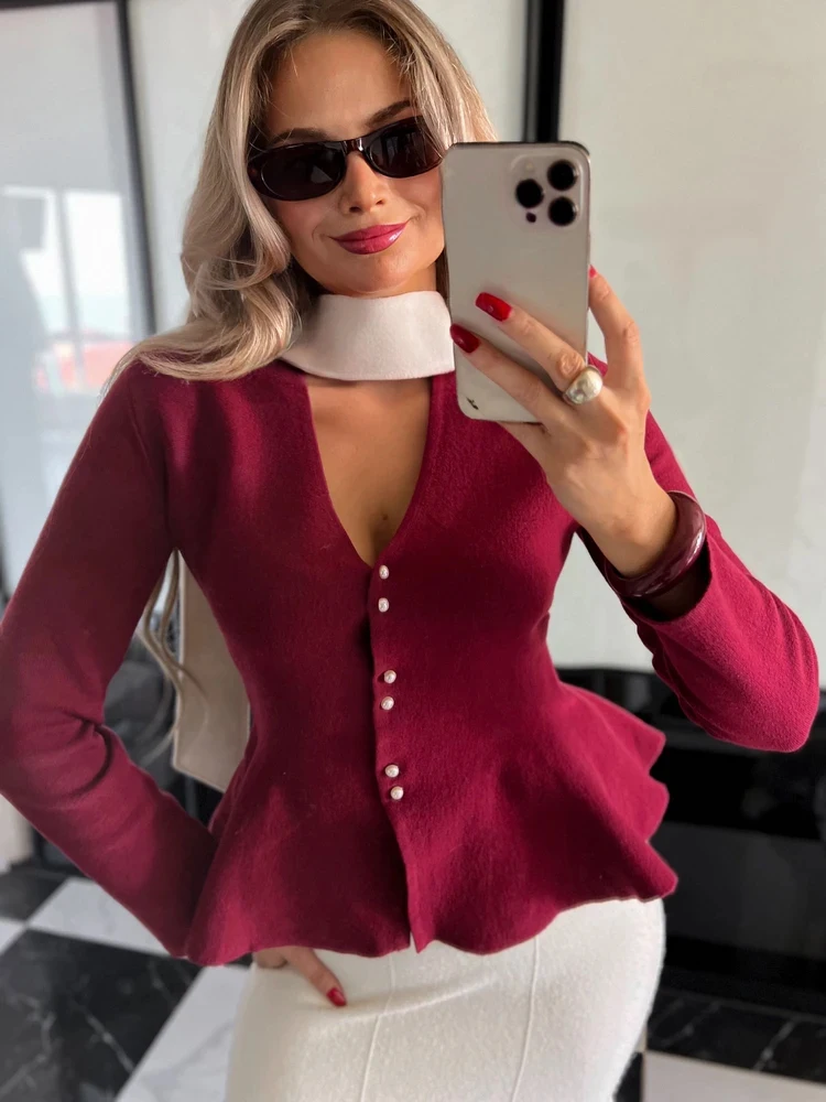 

Tornova Long-Sleeved Lotus Leaf Swing Knitted Cardigan Women Solid V-Neck Slim Single-Breasted Elegant Knit Sweater Coat Female