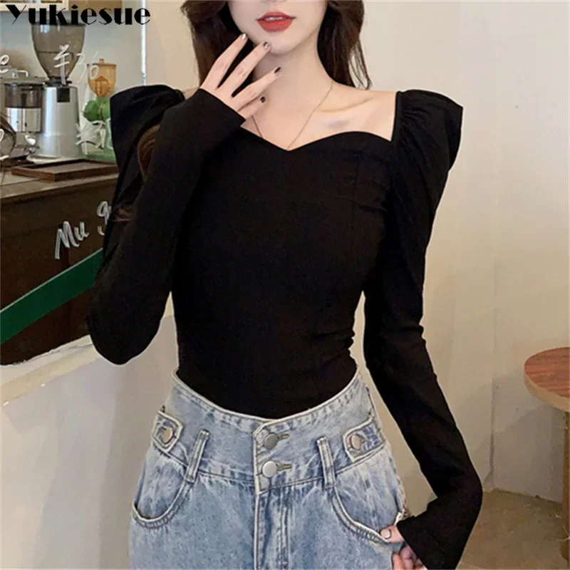 

Vintage Elegant Shirts Women Puff Sleeve Square Collar Blouses Office Lady Korean 2023 Autumn Chic Slim Casual All Match Tops