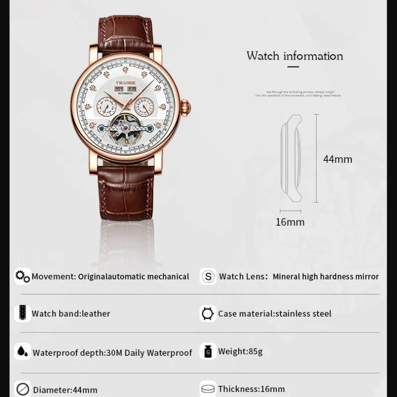 TEVISE T867C Luxury Brand Tourbillon Week Multi Functional Calendar Automatic Mechanical Watch Men Business Leather Watches Man