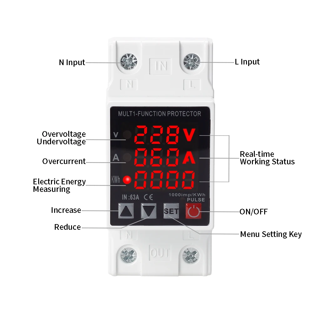 Self-Recovery Voltage Relay 220V Adjustable Over Voltage Current Under Voltage Protector kWH Energy Meter Triple Display 63A