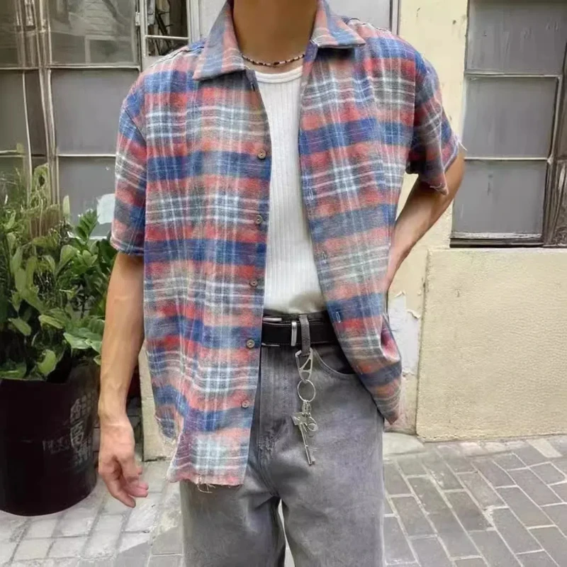 

Vintage Casual Loose Shirt Destroy Plaid Short Sleeve Shirts Men Women T Shirts Y2k High Street Tops High Quality Blouses