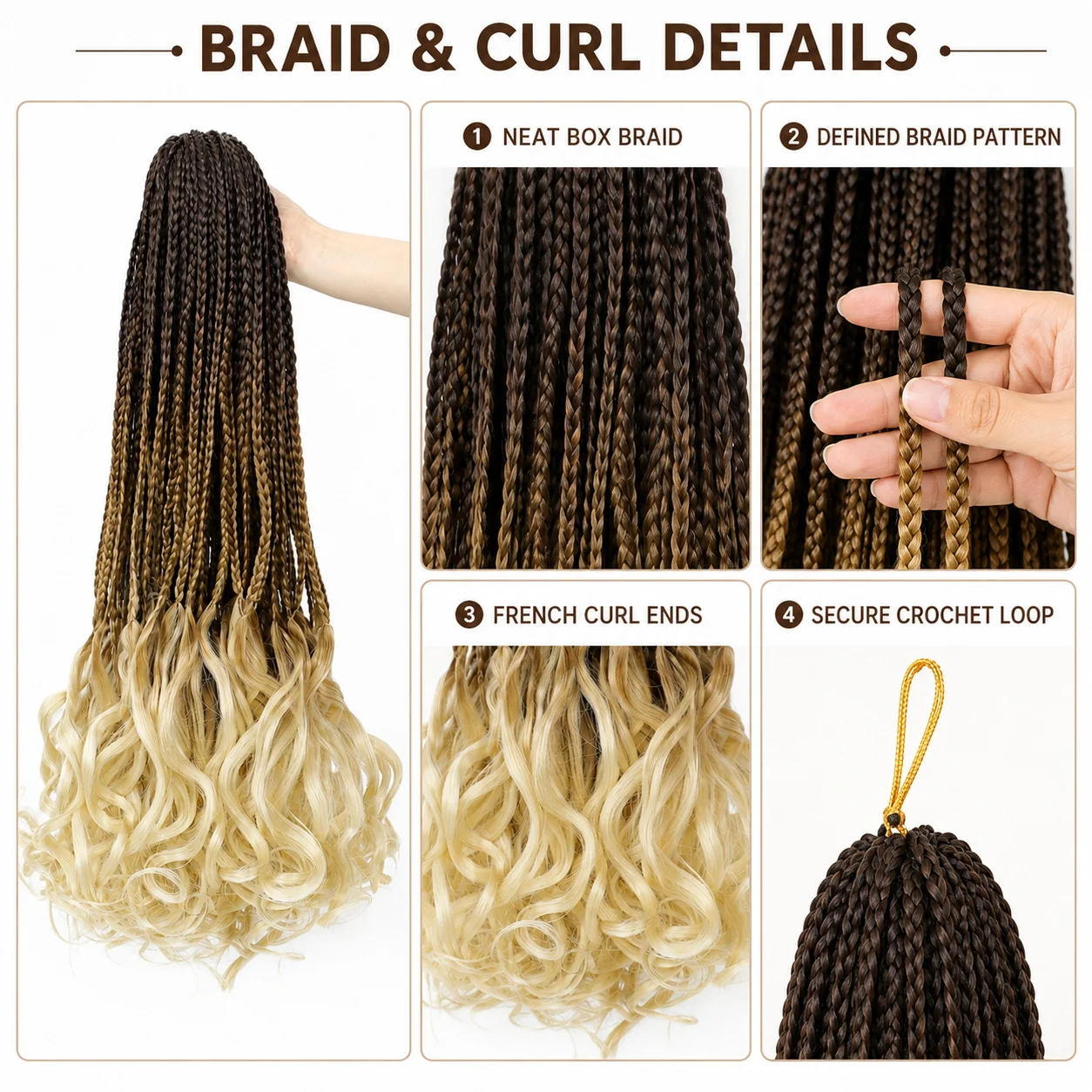 18 Zoll Französische Locken Box Braids Häkelhaar Synthetische Flechthaarverlängerungen mit gelockten Enden Boho-Schutzstil Vorgefertigt Schwarz für Frauen – Detail 3