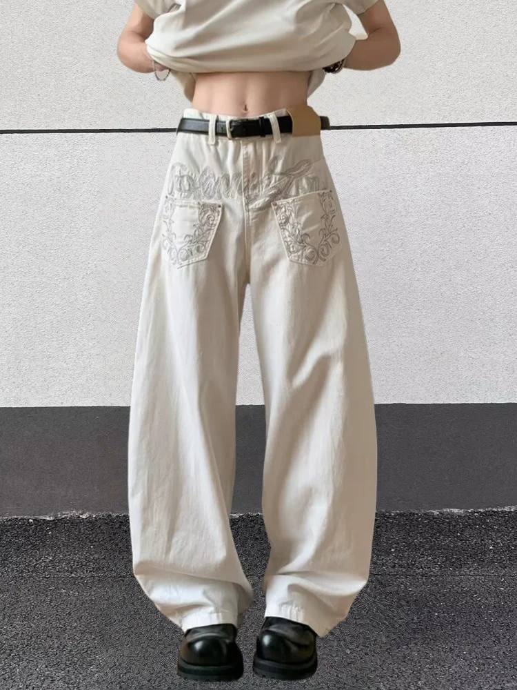 

Уличная одежда Cyber Y2K, белые мешковатые джинсы с вышивкой букв, брюки для мужчин, одежда, прямые готические длинные брюки Moda Hombre