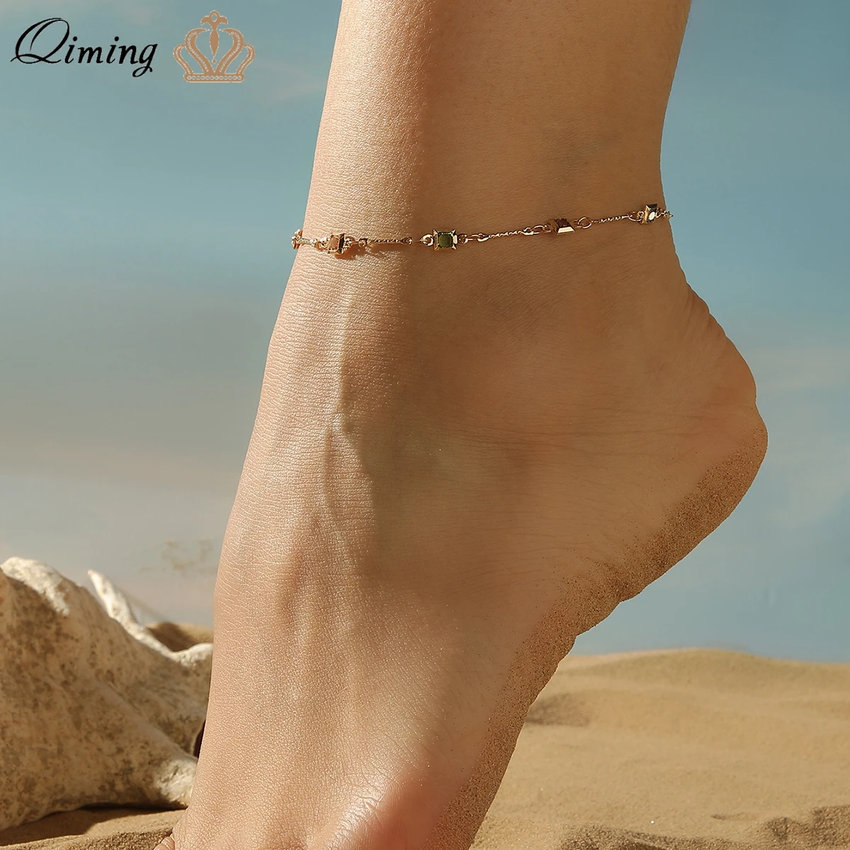 QIMING Tiny Colorful Gold Statement Anklets For Women Bracelets Summer Barefoot Sandals Jewelry On Foot Leg