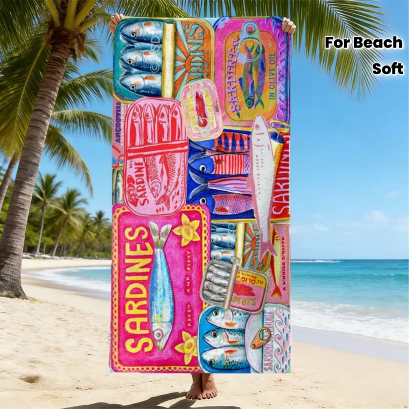 Toalla de Playa Vintage con Estampado de Latas de Sardinas Coloridas, Diseño Retro de Pescado y Mariscos, Secado Rápido, Manta Grande para Nadar en Verano