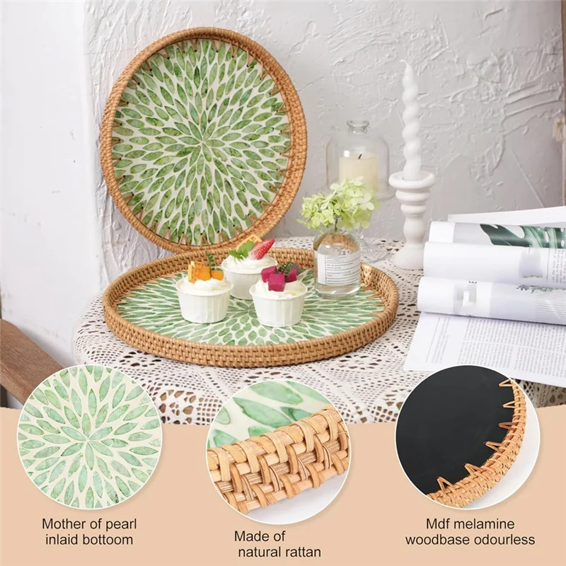 

CQMF-Boho Rattan Tray Round Wicker Trays 3Pcs With Mother Of Pearl Inlay Coffee Table Rattan Wicker Trays