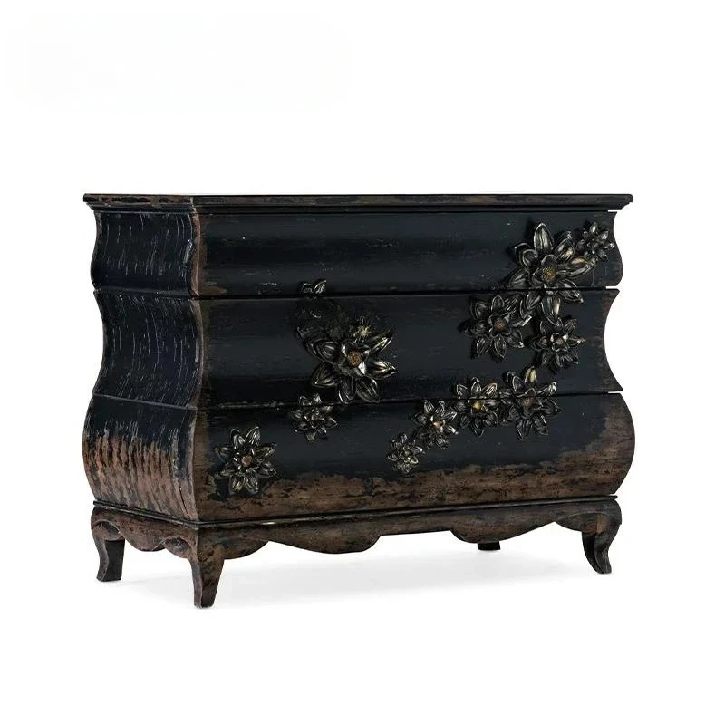 

Carved classic black shabby American bedside table retro solid wood porch decorative cabinet