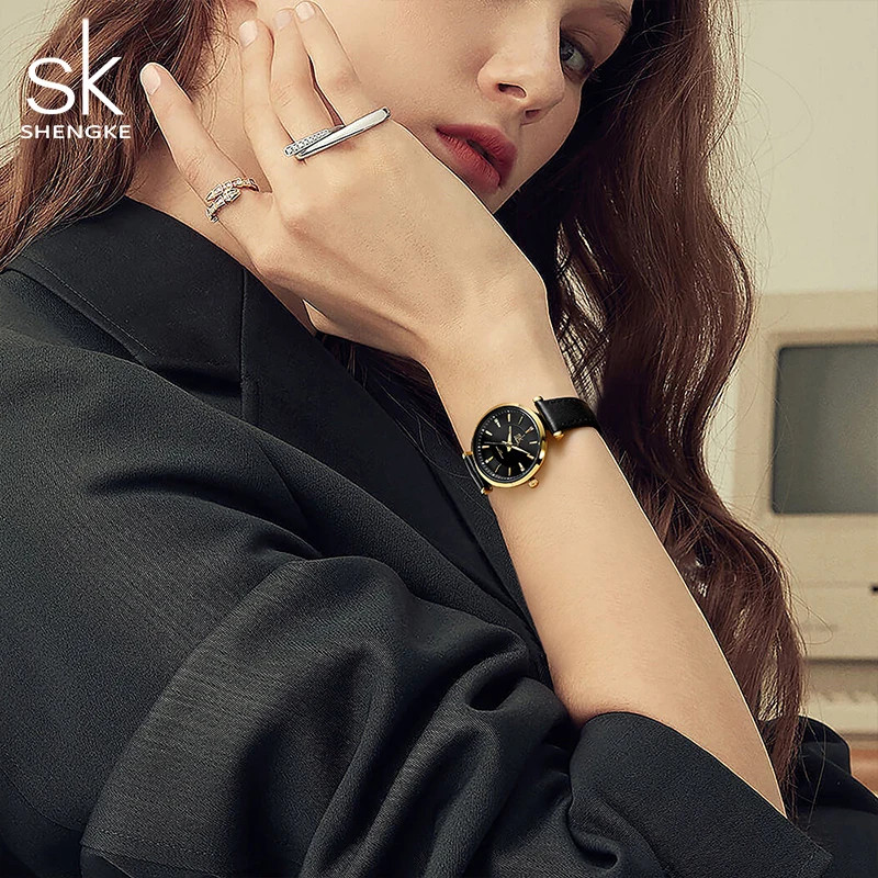 Shengke sk Watch Fashion Women Watches Black Leather Strap Woman\'s Quartz Wristwatches Ladies Colorful Clock Relogio Feminino