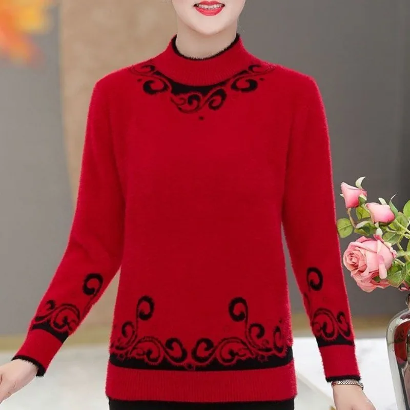 Women's Autumn Winter Pullover Turtleneck Geometric Pattern Flocked Long Sleeve Undershirt Sweater Knitted Casual Loose Tops