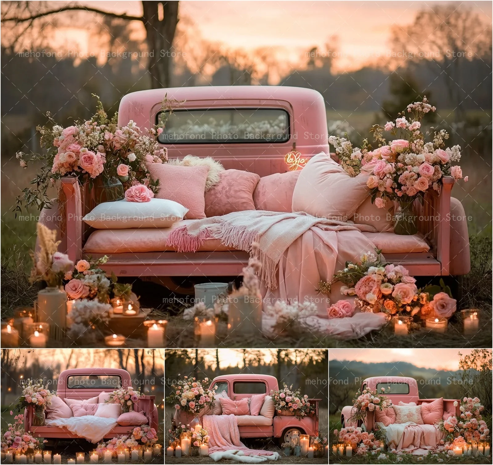 Mehofond Photography Background Romantic Valentine's Day Rose Pink Car Sunset Candlelight Kids Family Portrait Backdrop Decor