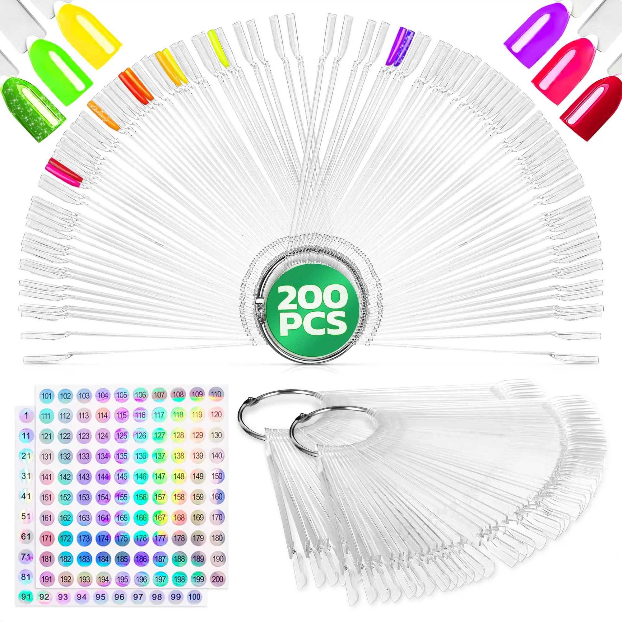

200 Pcs Nail Swatch Sticks - Clear Swatches for Gel Polish - Transparent Acrylic Practice Tips with Metal Rings, Suitable for Di
