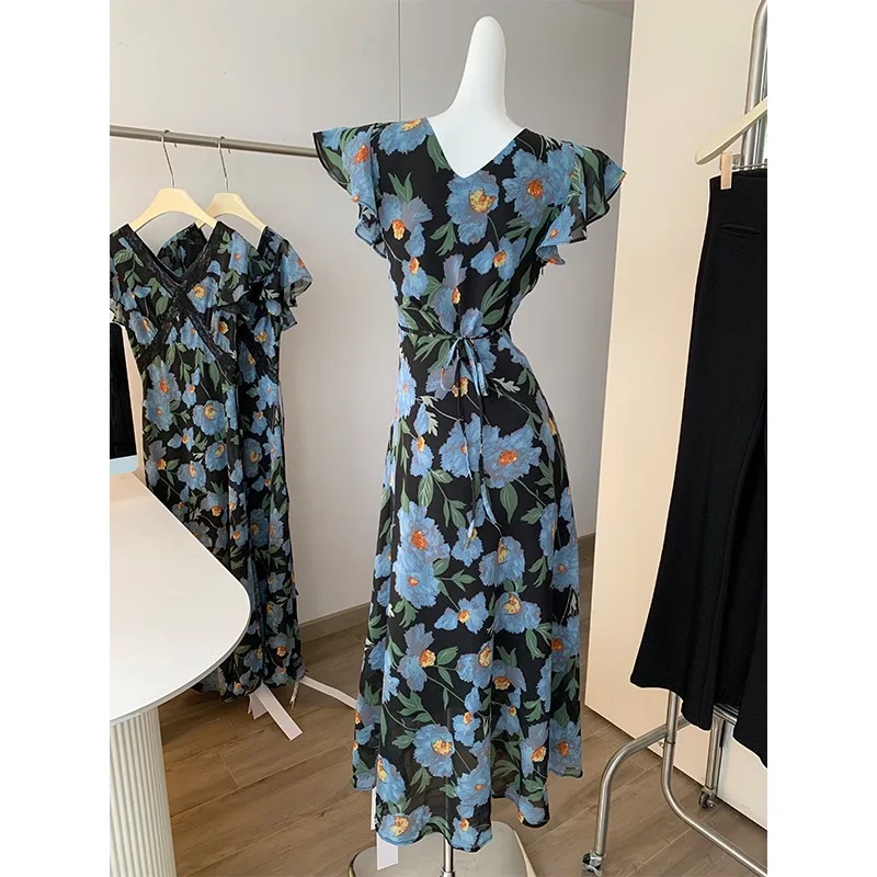 Elegante Süße V-ausschnitt Lange Chiffon Kleid Frauen 2025, Sommer Spitze Patchwork Slim Fit Midi Sommerkleid Weibliche Frau Kleidung