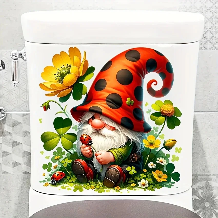 MT1276# Gnome & Ladybug Decor for Toilet Lid, Vinyl Car Sticker for Bathroom Decor, Outdoor Indoor Use Art Wall Paper
