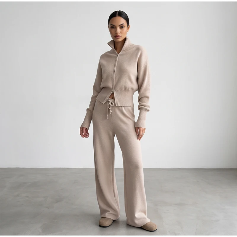 Solid Color Zipper Waist Cinching Casual Set Knitted Top Drawstring Straight Leg Pants 2-piece Sets 2026 Autumn Lady Daily Wear