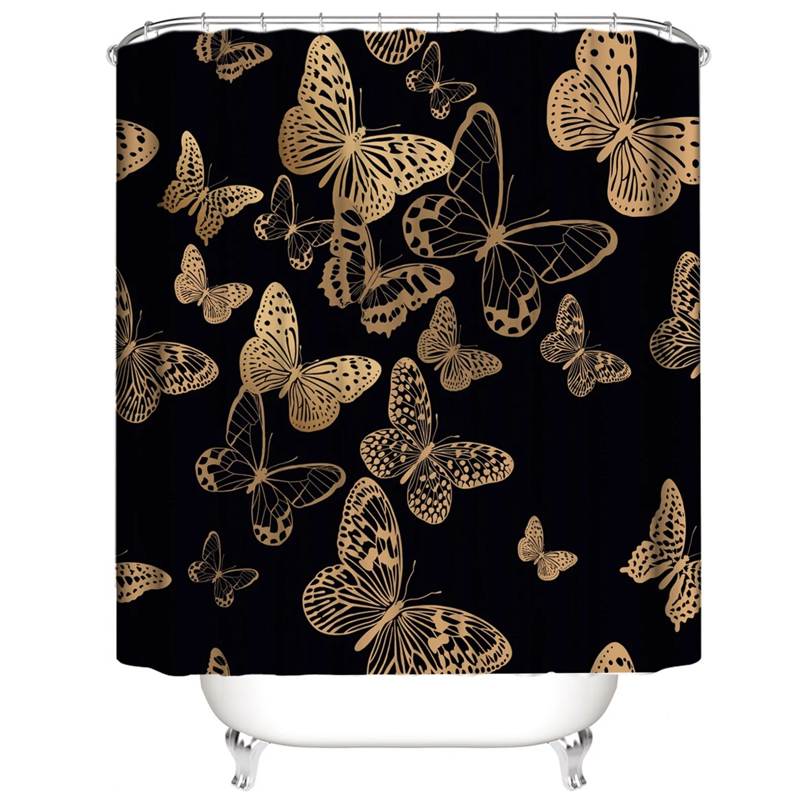 1Pcs black gold butterfly waterproof shower curtain, elegant and luxurious bathroom decoration, with 12 plastic hooks