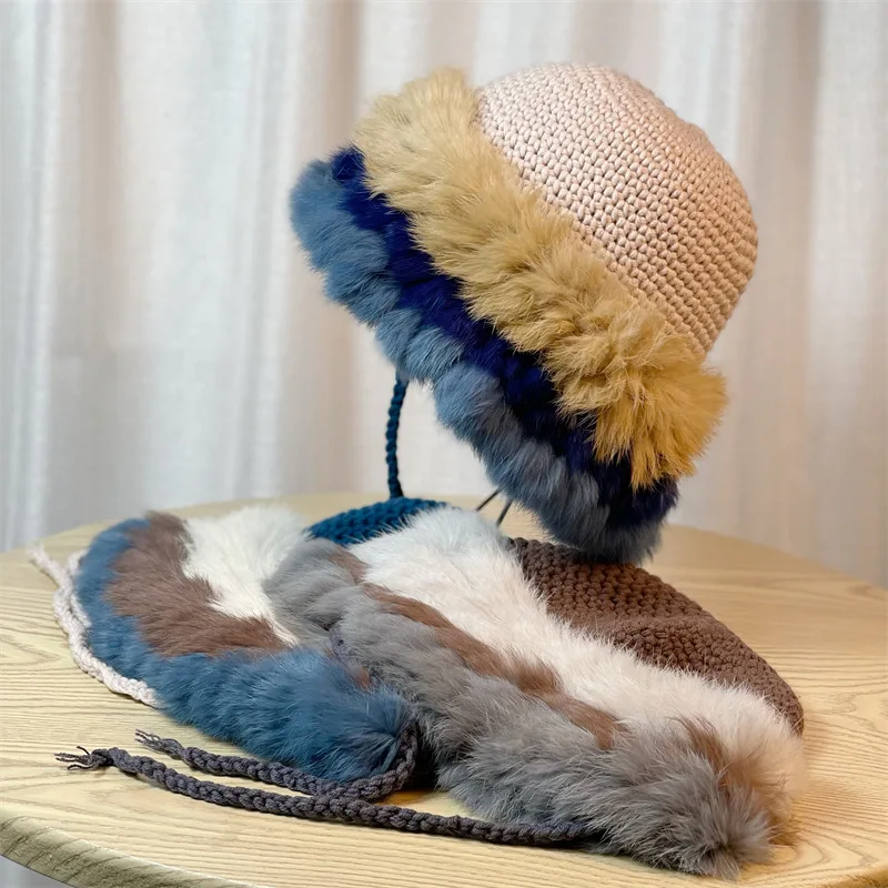 

2023New Rabbit Hair Knitted Hat Autumn and Winter Spliced Warm Wool Hat Sweet and Cute Plush Ear Protection Headband Women's Hat