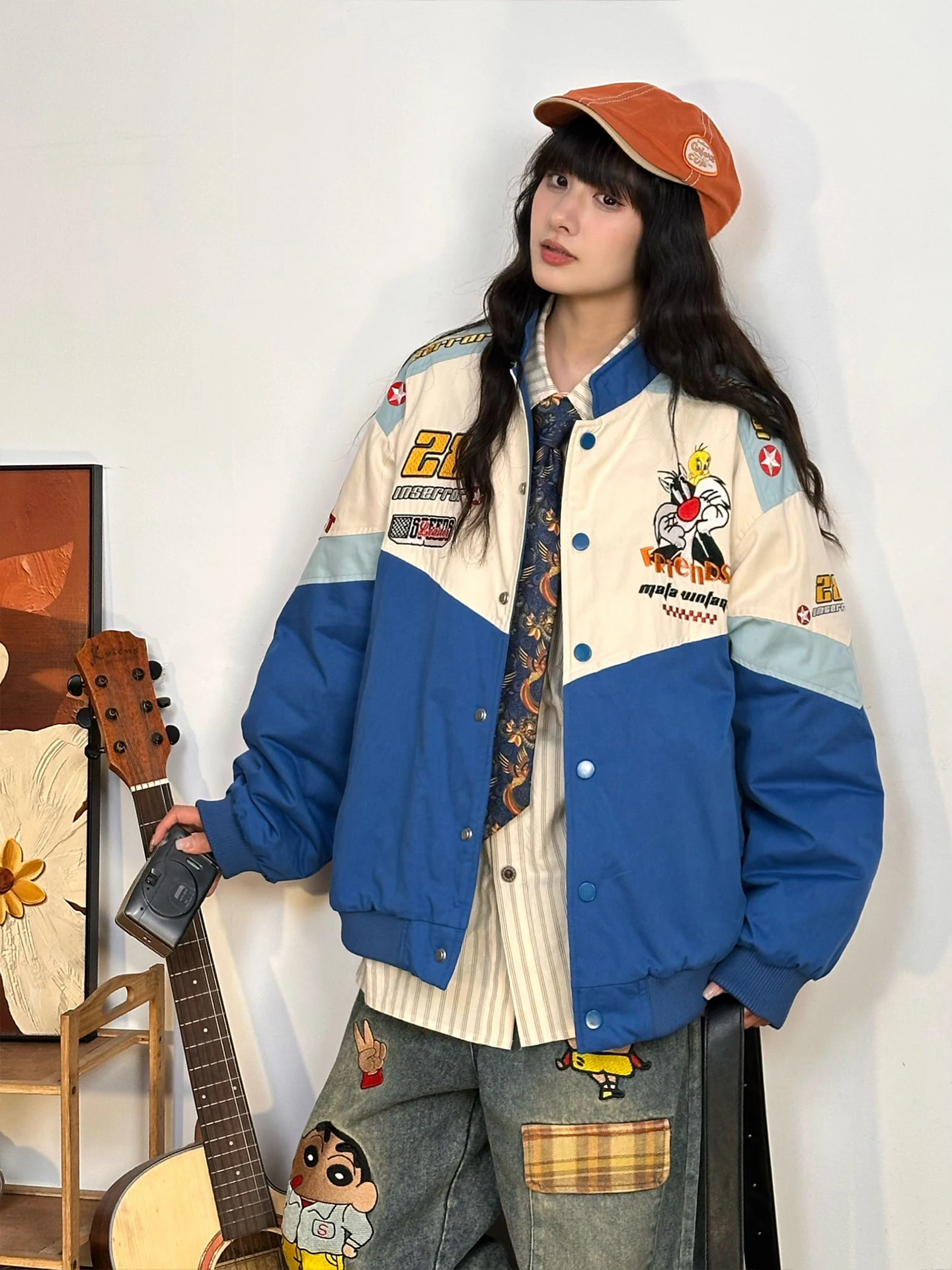 

Thiened Cotton Jaet Women's Winter Warm Embroidery Contrast Color Street Sle Loose Fit Long Sve Single Button Closure