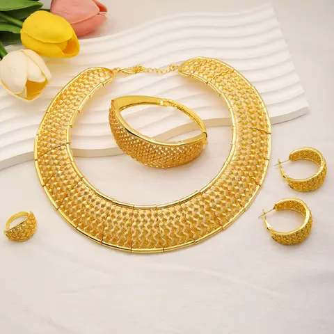 24K Gold Plated African Dubai Jewelry Set for Women Luxury Choker Necklace Earrings Bracelet Nigerian Wedding Party Bridal Gift