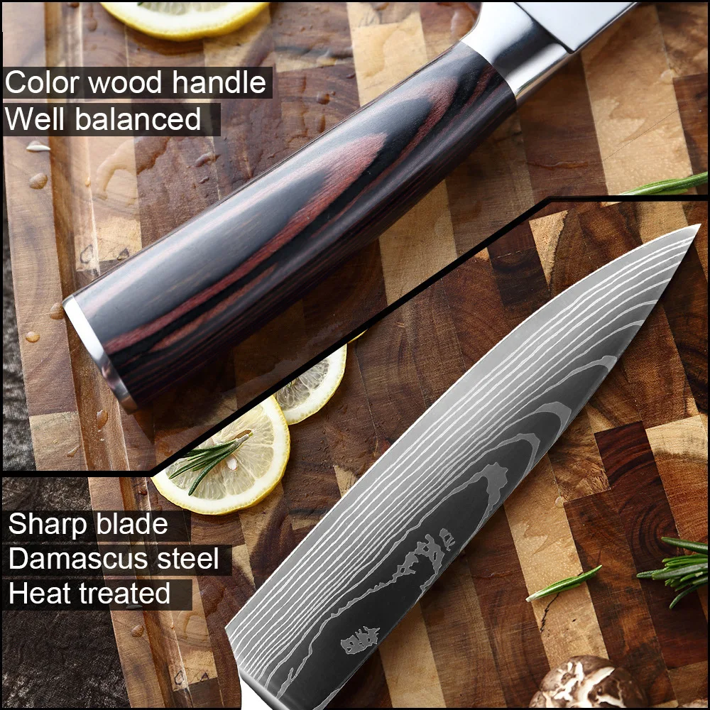 4 PCS Kitchen Knives Set Chef Knife Sets 4Cr13 Stainless Steel Damascus Pattern Pakkawood Handle Paring Utility Santoku Knives