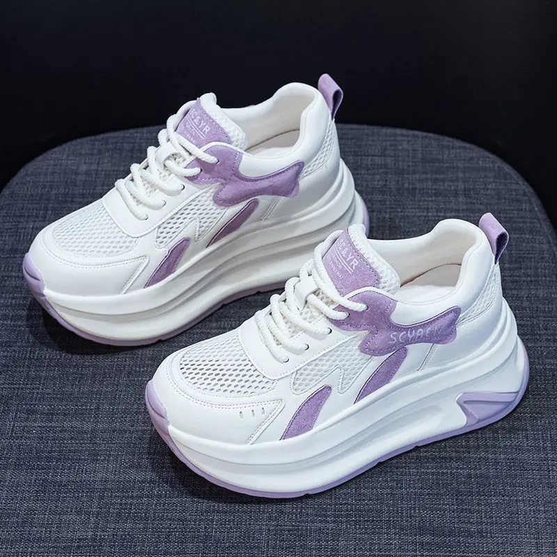Women's Breathable Mesh Summer Hidden Wedge Sneakers Thin Lightweight Platform Dad Shoes White Casual Shoes