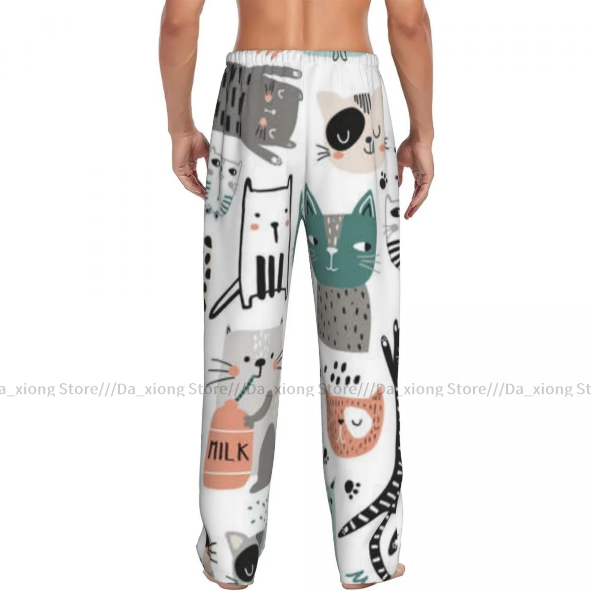 Men's Sleepwear Loose Sleep Pants Pajamas Cute Hand Drawn Cats Long Lounge Bottoms Casual Homewear