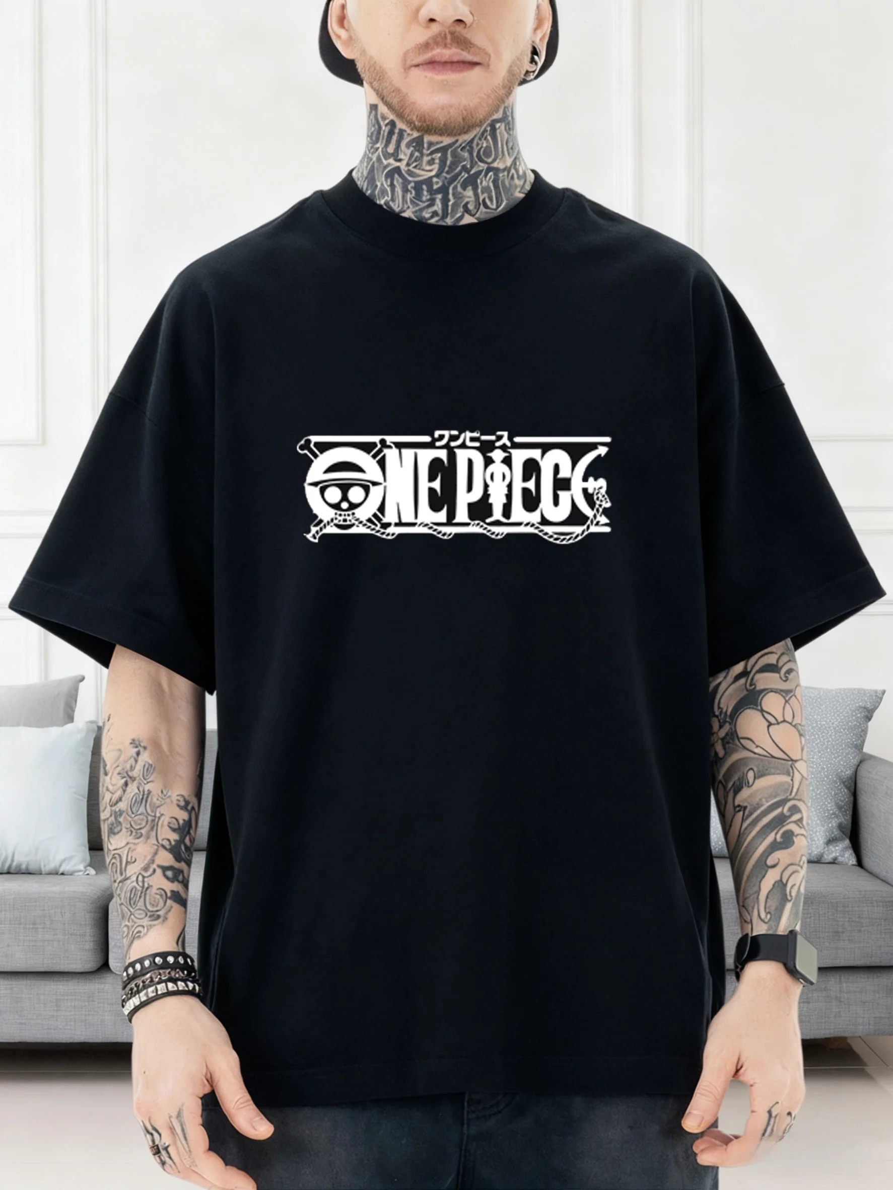 Camiseta de manga corta con estampado de tripulación de sombrero de paja Luffy derivados de animación de una pieza, Top informal de algodón holgado a la moda para hombre y mujer