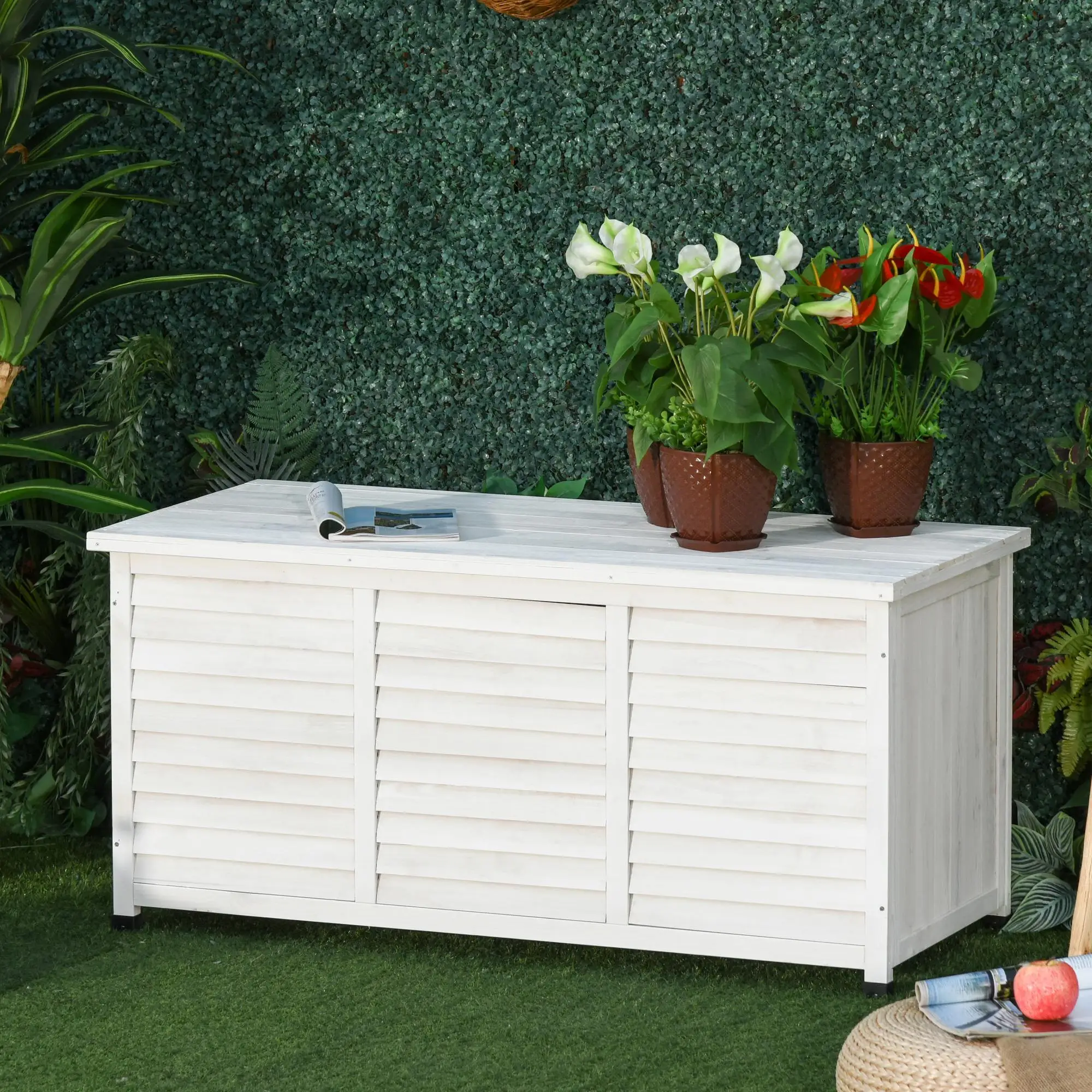 Caja de madera maciza de abeto para jardín 127x56x60 cm impermeable 284L Blanca con persianas de ventilación y patas protectoras