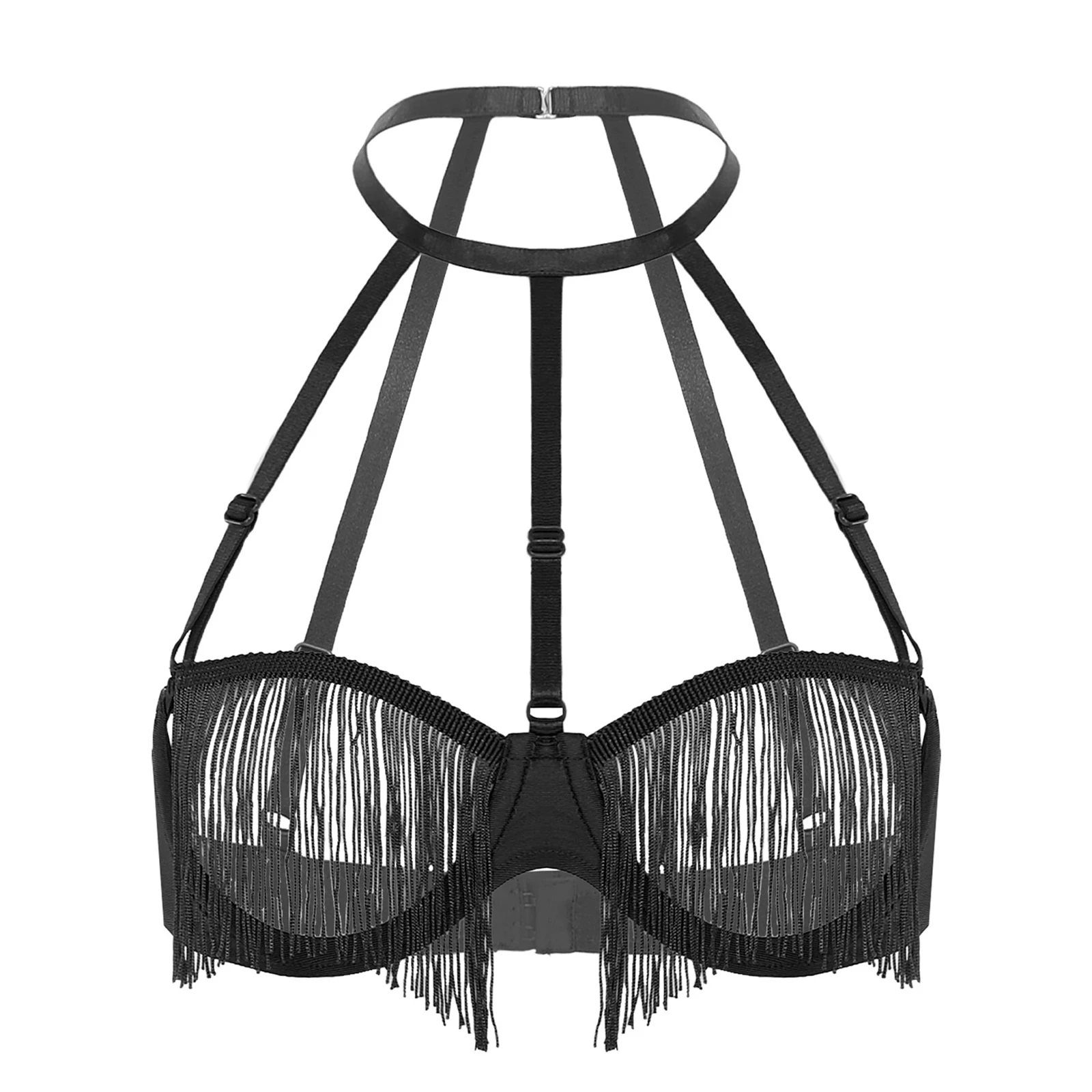 Womens Sexy Lingerie Tassel Hollow Out Cup Bra Push Up Underwire Balconette Nipples Bare Exposed Breast Bralette Fringe Cage Bra