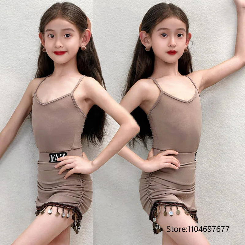 

Girls Latin Dance Practice Suit Sling Top Hanging Coin Skirt Kids Cha Cha Performance Costume Performance Accessories Dancewear