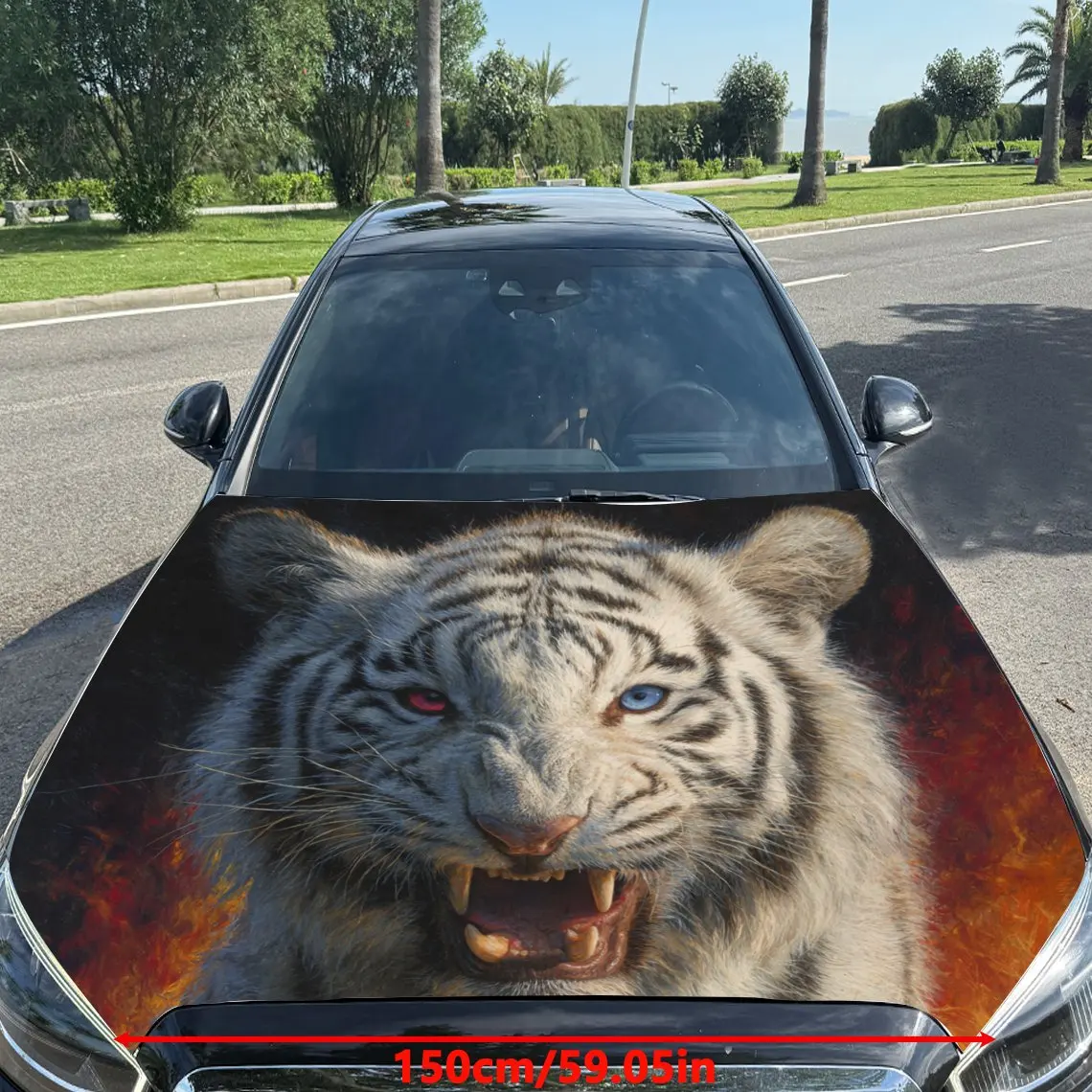 Car Decals White Tiger with Striking Fiery Theme and Aggressive Expression Car Hood Sticker, Waterproof Self - Adhesive Vinyl Gr