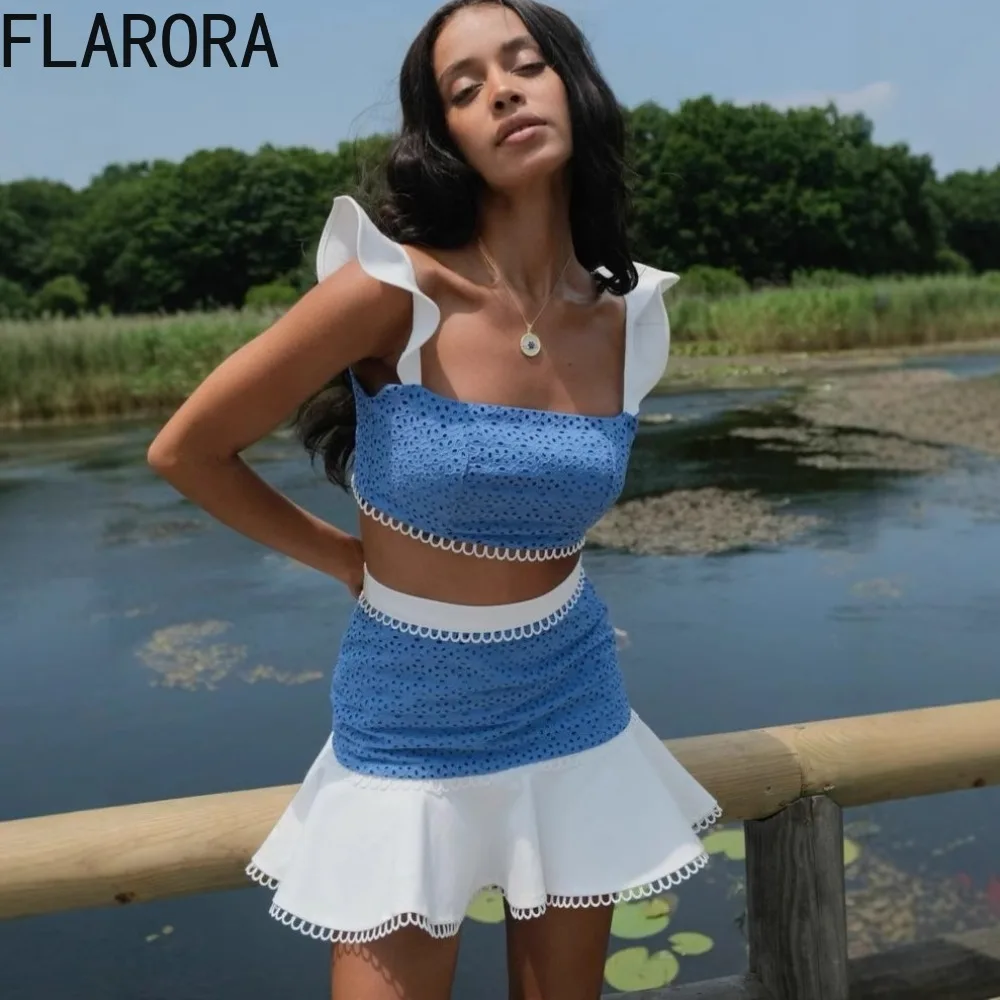 

FLARORA милые лоскутные комплекты из 2 предметов, женские укороченные топы без рукавов с открытой спиной и юбки с рюшами, летняя уличная одежда Y2k