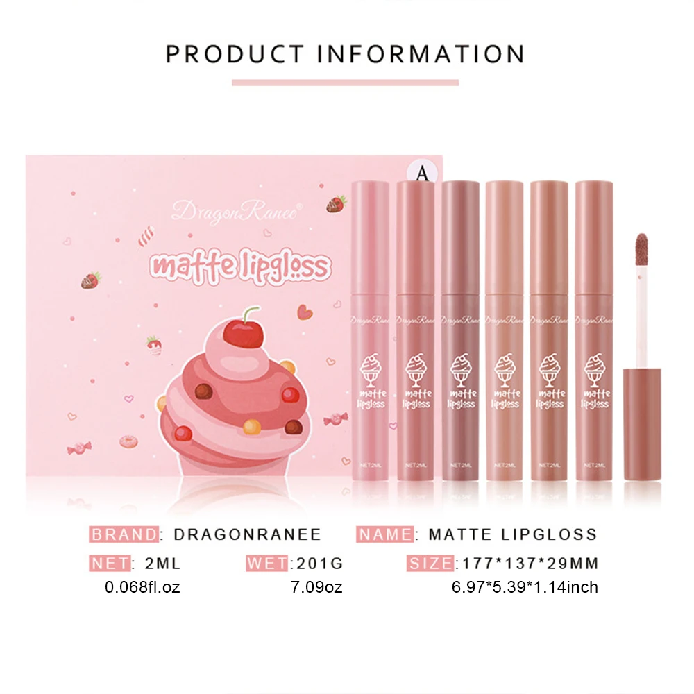 6-teiliges Set Lip Glaze, Antihaft-Cup, Nude Lip Gloss, süße Set-Box, langlebig, lichtecht, wasserfest, Valentinstagsgeschenk-Lipgloss