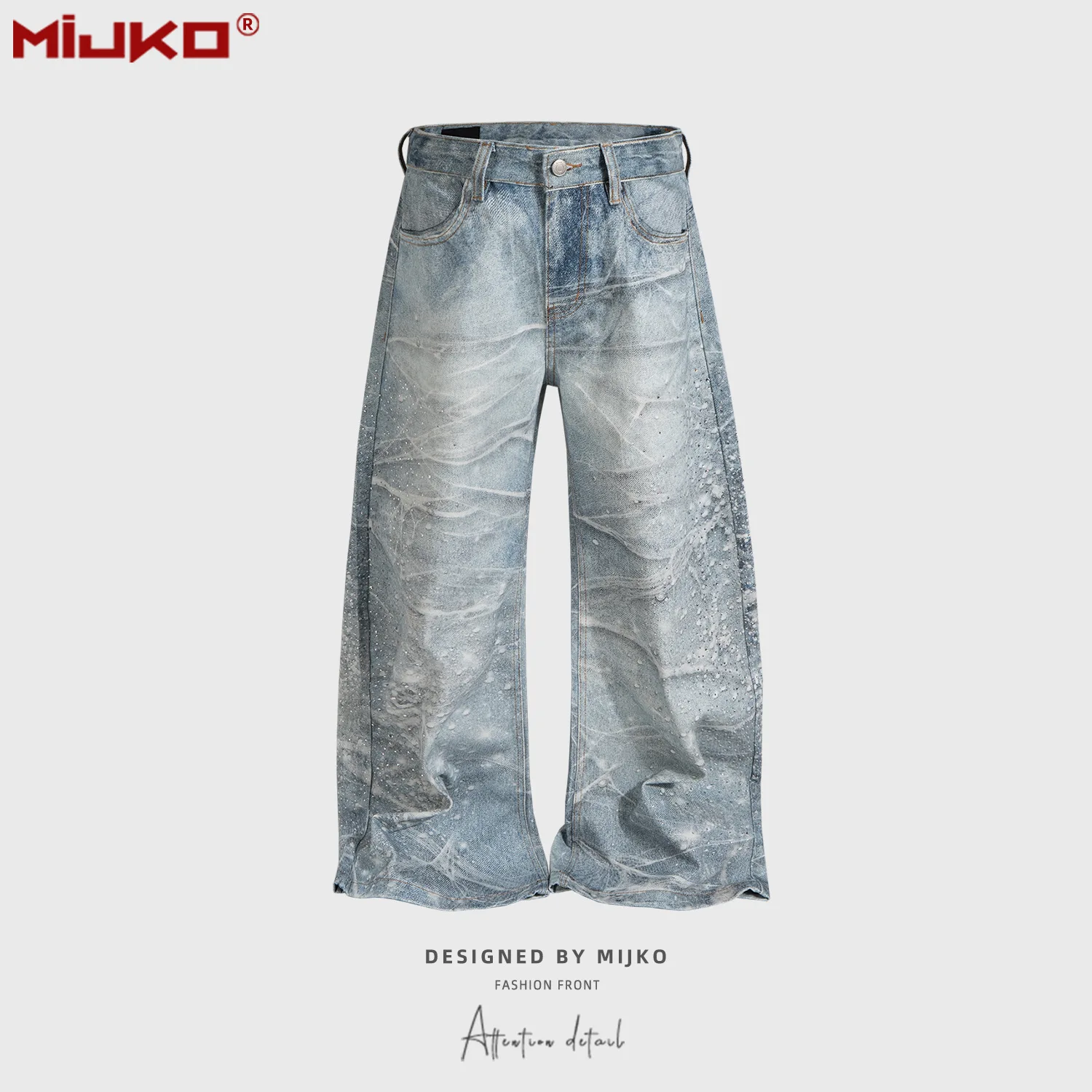 

MIJKO Unisex Full-Coverage Diamond-Embellished Design Jeans Blue And White Elegant Silhouette Fashionable Outerwear G6931