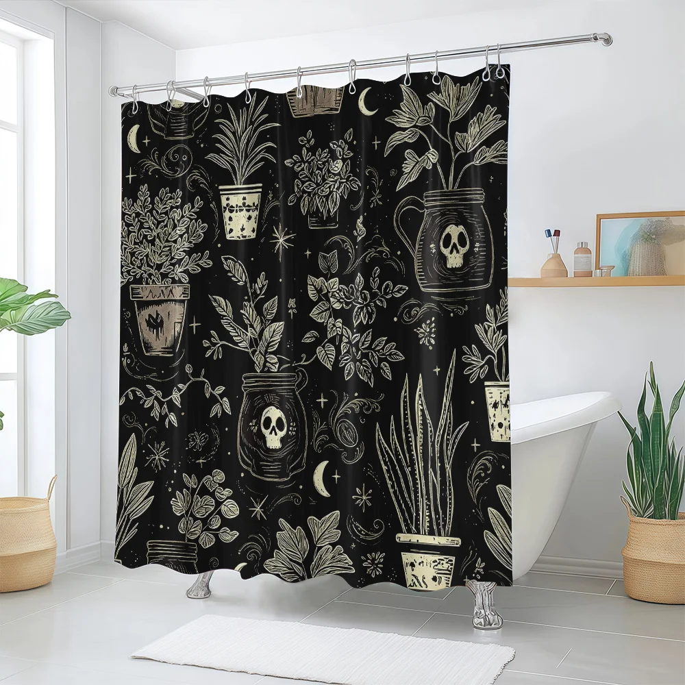 A Skeleton-Patterned Plant-Printed Shower Curtain, a Dark-Style Home Decoration Bathroom Curtain with 12 Hooks, Suitable for Win