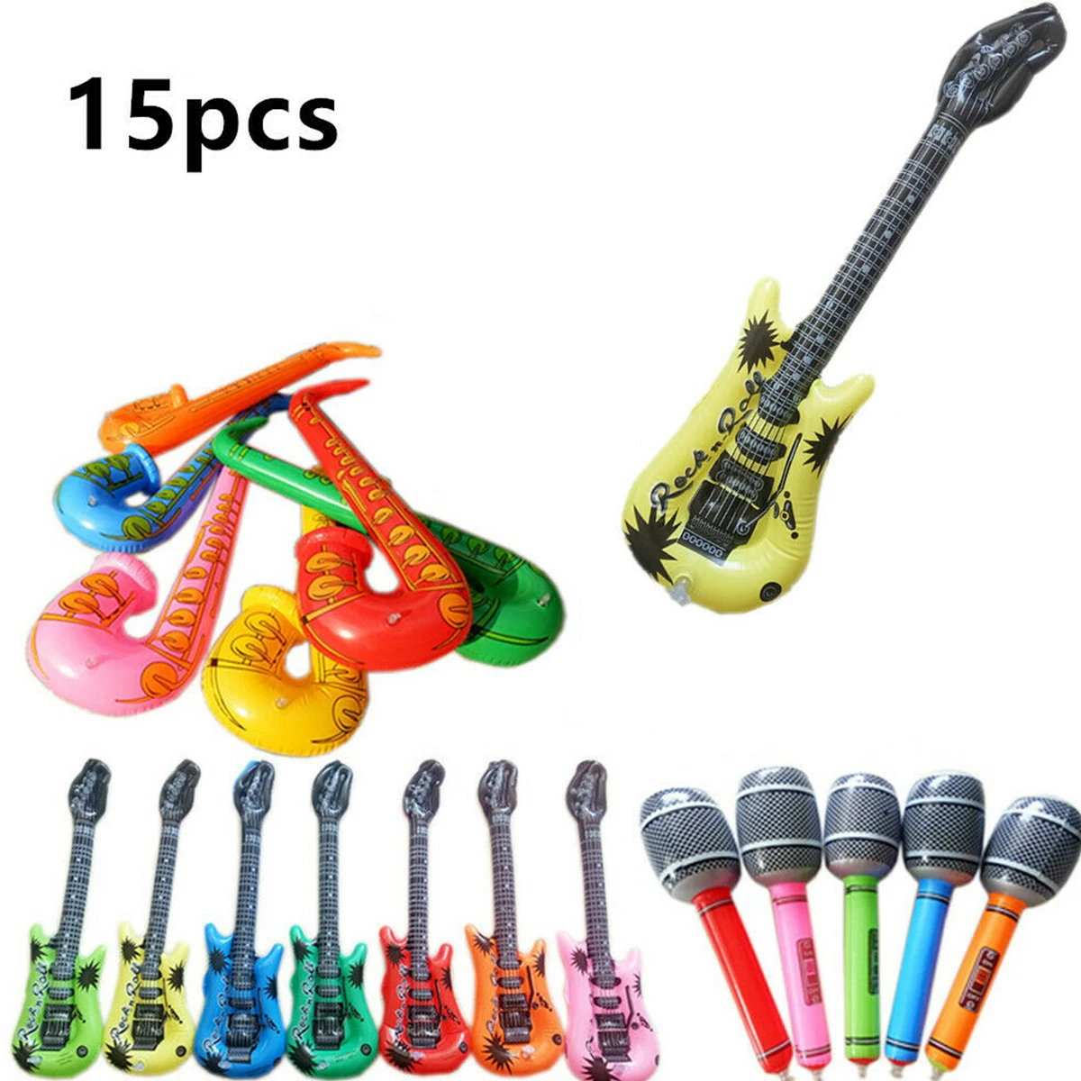 

15X Inflatable Instruments Blow Bundle Set Guitar Microphone Saxophones Party