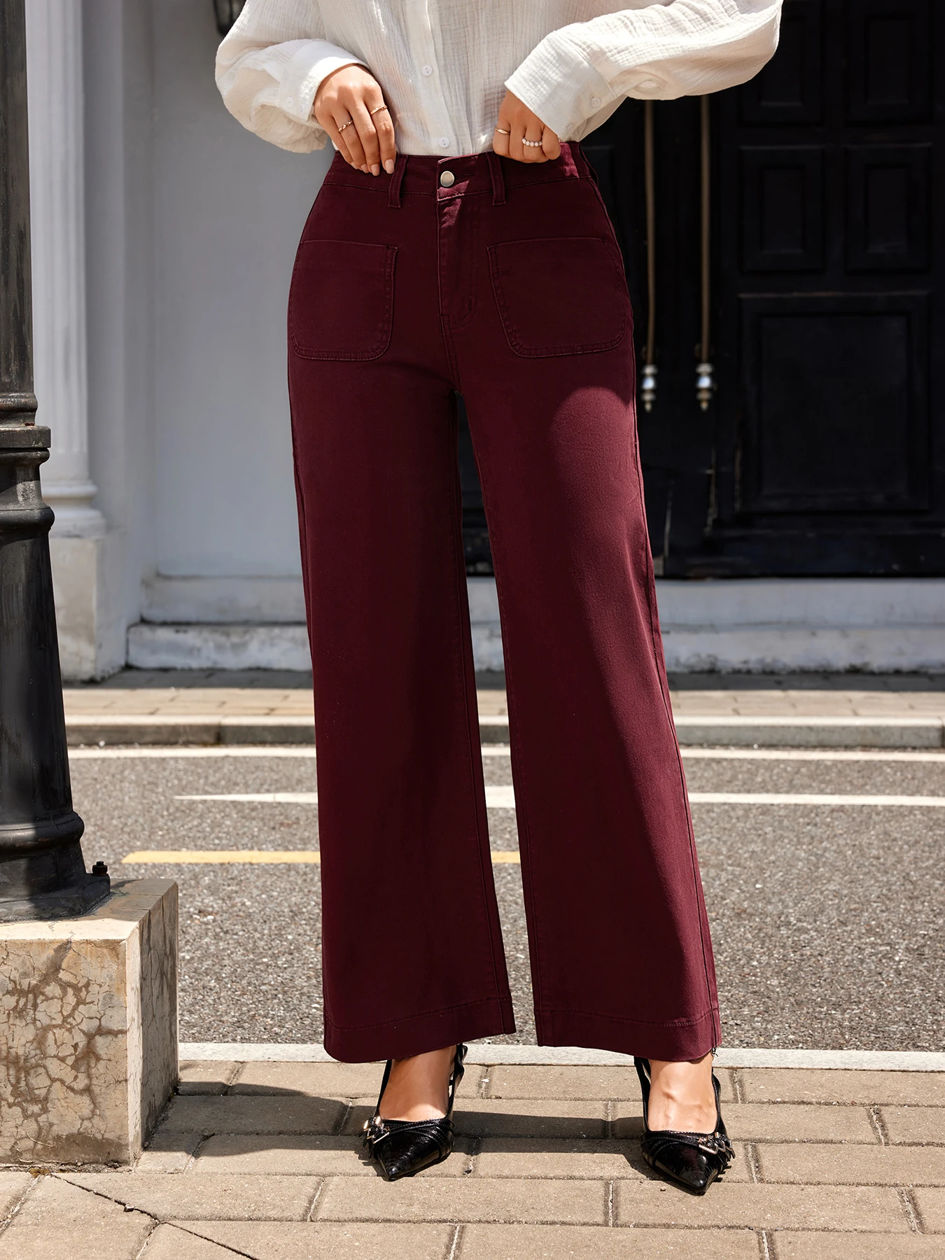 بنطال جينز نسائي مطاطي من القطن باللون الأحمر الخمري، طراز واسع الساق، عصري ومتعدد الاستخدامات وأنيق ومطاط متوسط الارتفاع مستقيم