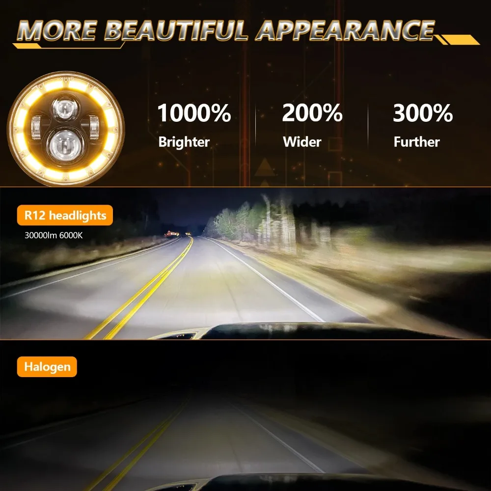 7 Inch Round LED Headlight H4 Angel Eyes 6000K/3500K with High Low Beam DRL Turn Signal Light for Halley Jeep Car Motorcycle