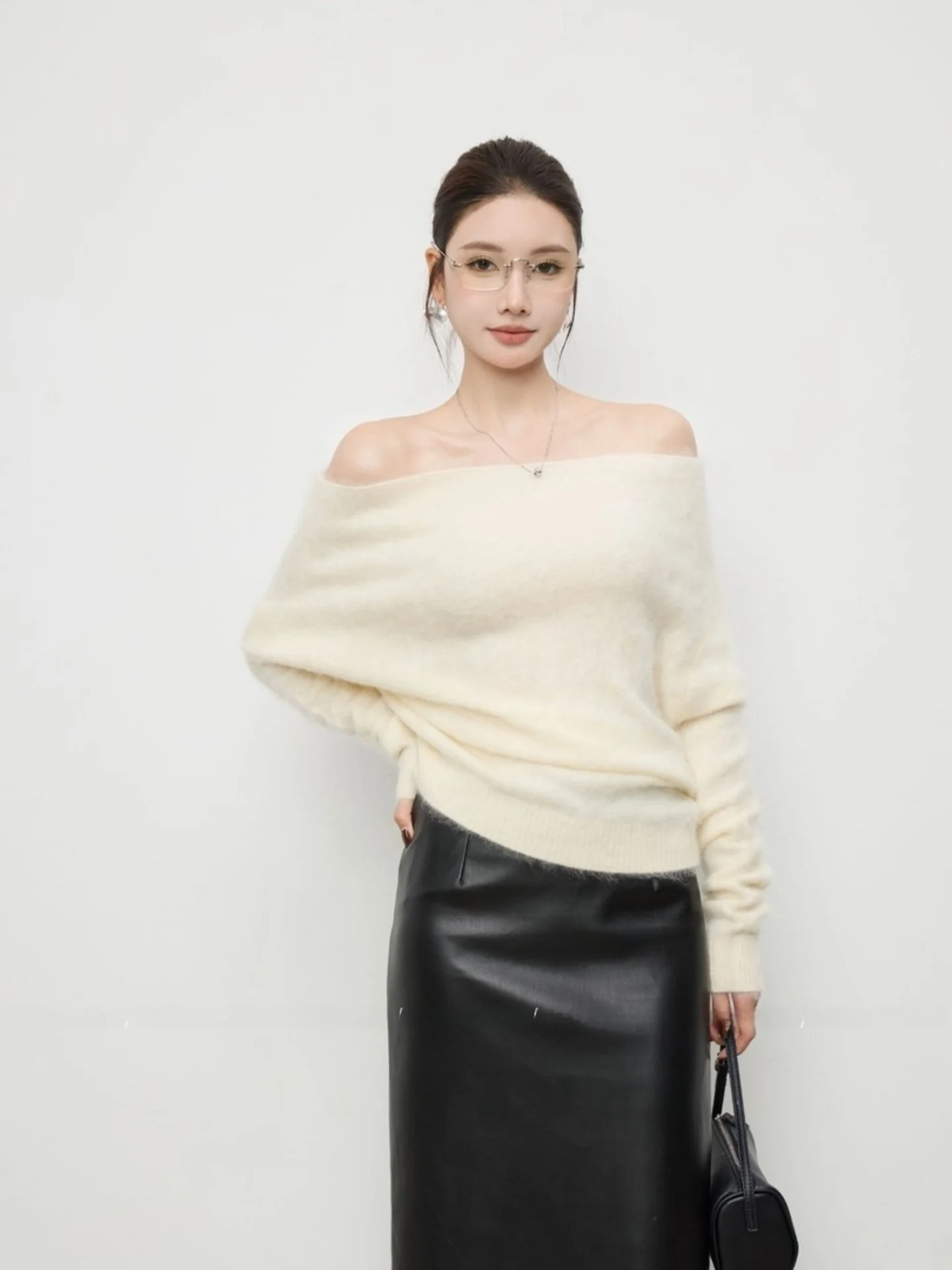 Gray Shoulder Bared Knitted Sweater Loose Batwing Sleeve Comfortable Slimming Spring Autumn Korean Style Casual Knitwear Top